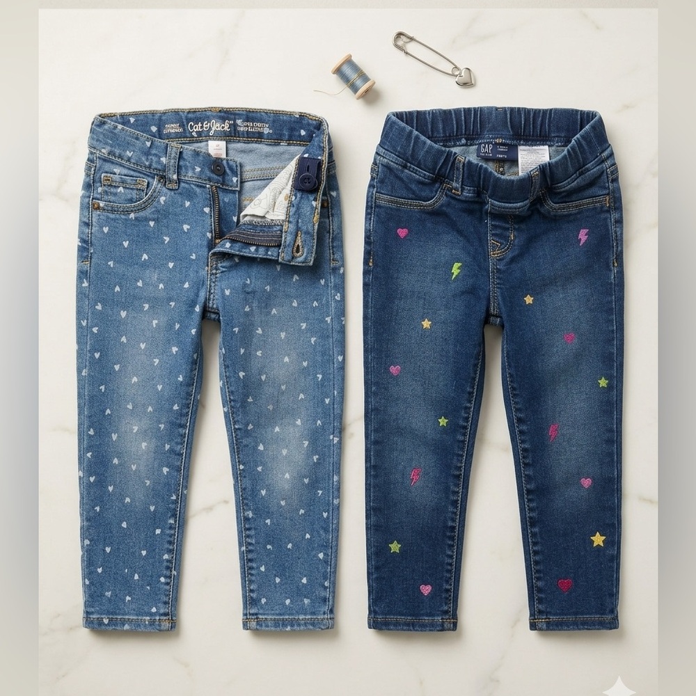 Gap 4T Girls Jeans Bundle Cat & Jack Heart Print Gap Print Icons Coastal Retro